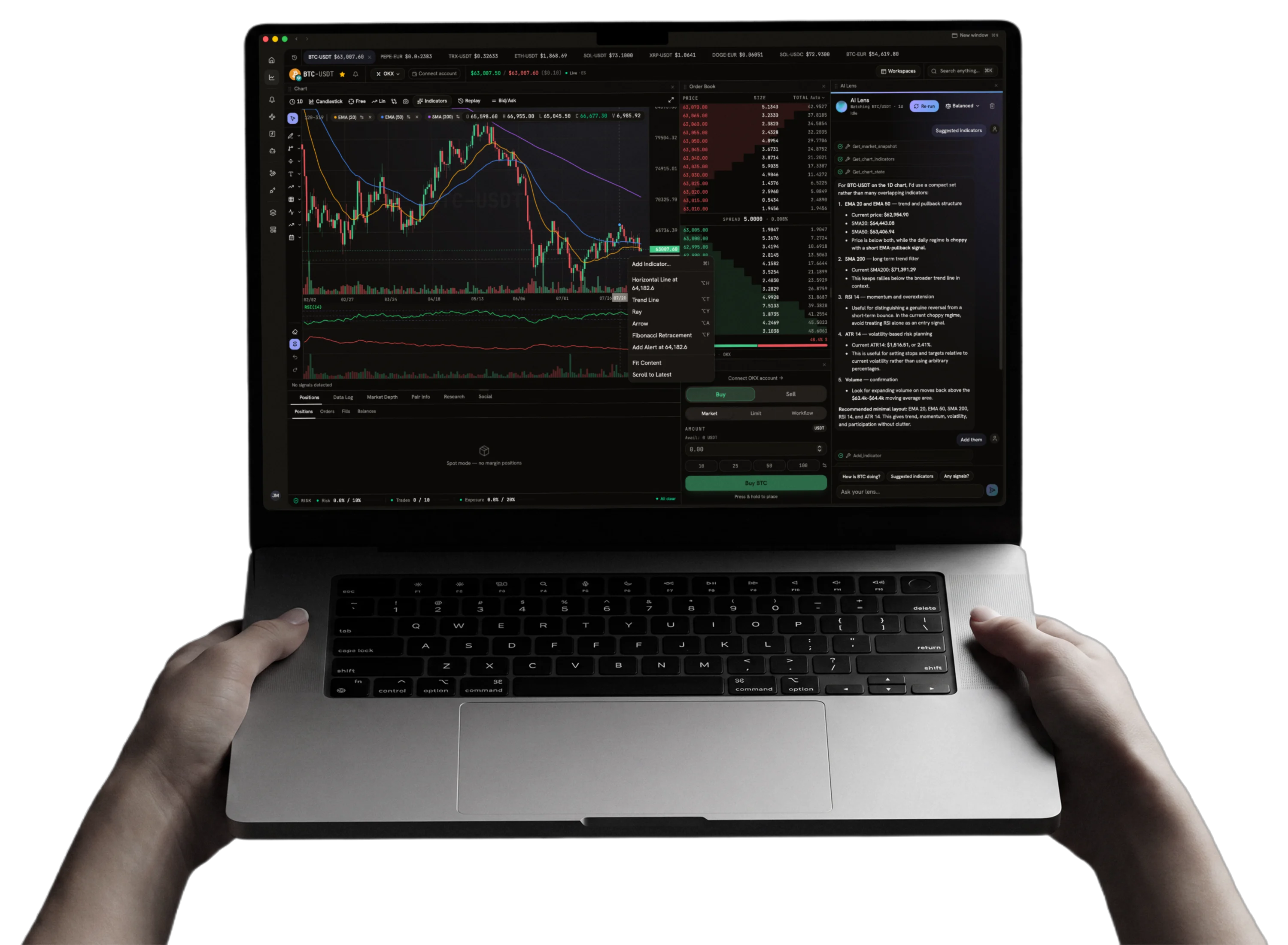 Two hands holding a MacBook Pro running the PS ONE trading terminal: a BTC-USDT candlestick chart with EMA overlays, an order book, and the AI assistant suggesting indicators beside them
