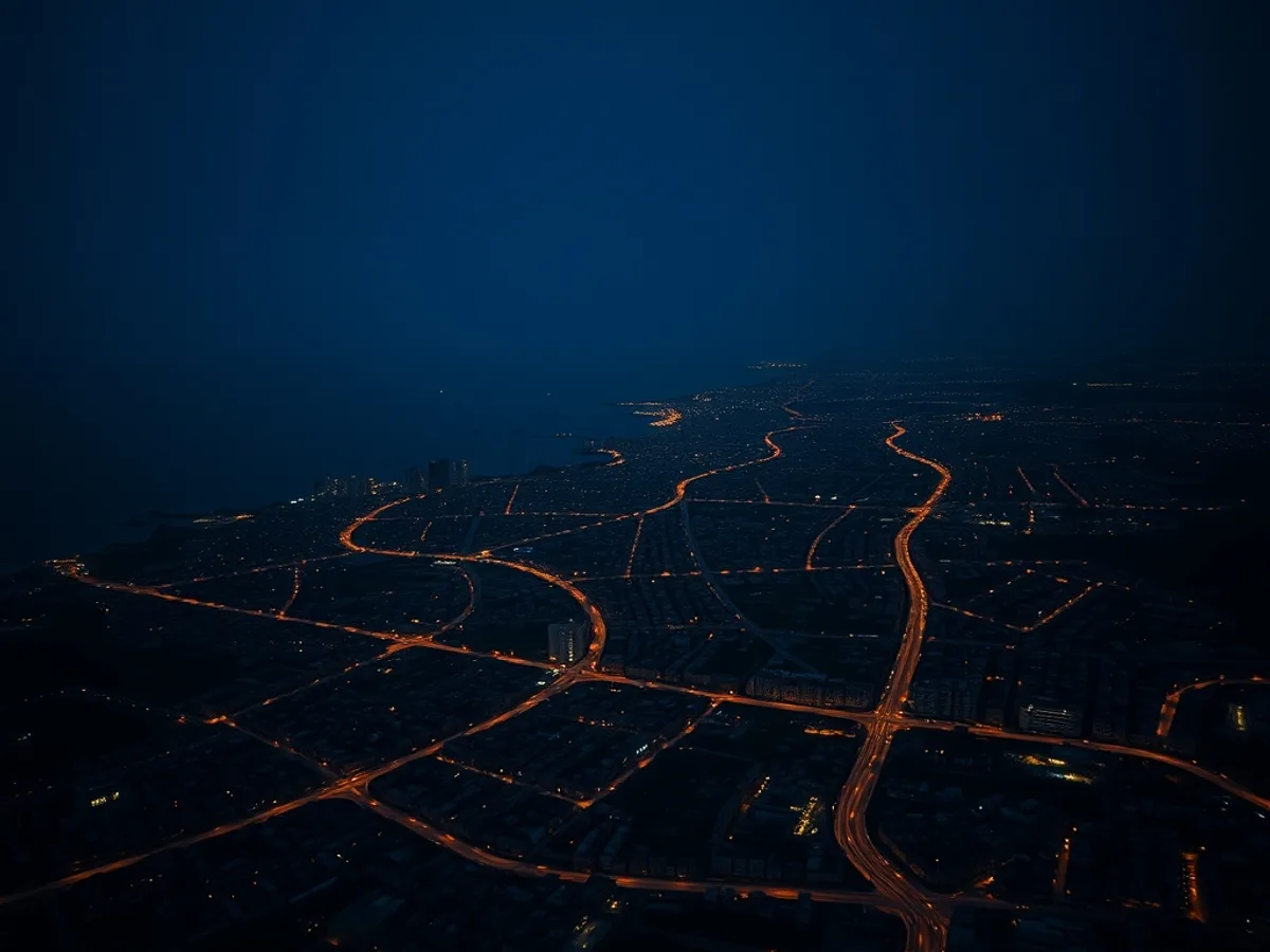 Abstract night-time city grid with amber light paths